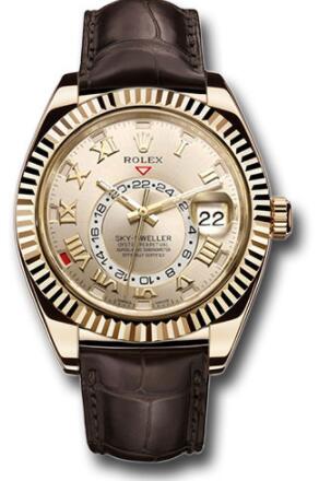 Replica Rolex Yellow Gold Sky-Dweller Watch 326138 Silver Sunray Roman Dial - Brown Leather Strap